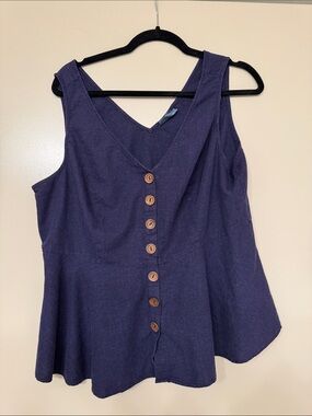 2X ModCloth Linen Peplum Sleeveless V-Neck Navy Blouse